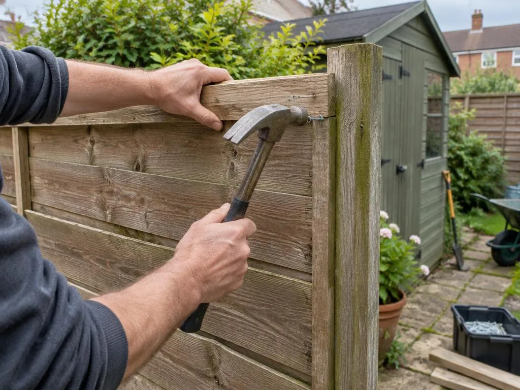Outdoor handyman work beside a garden shed and fence